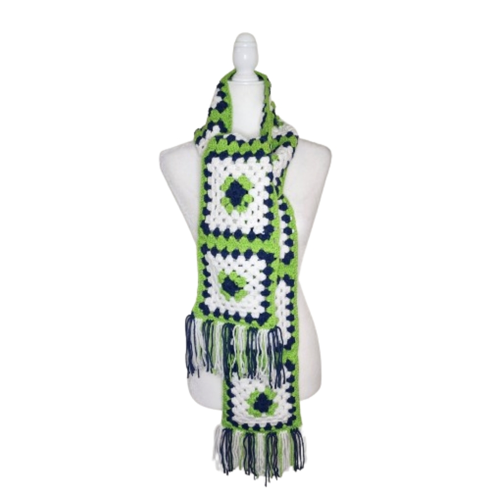 Handmade Crocheted Granny Square Scarf, OS Long